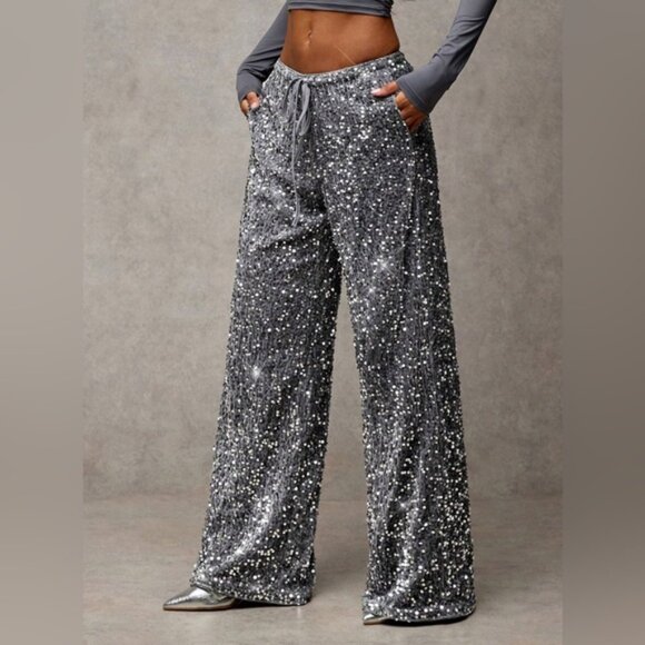Silver Sequin Drawstring Wide Leg Pants - Picture 6 of 8